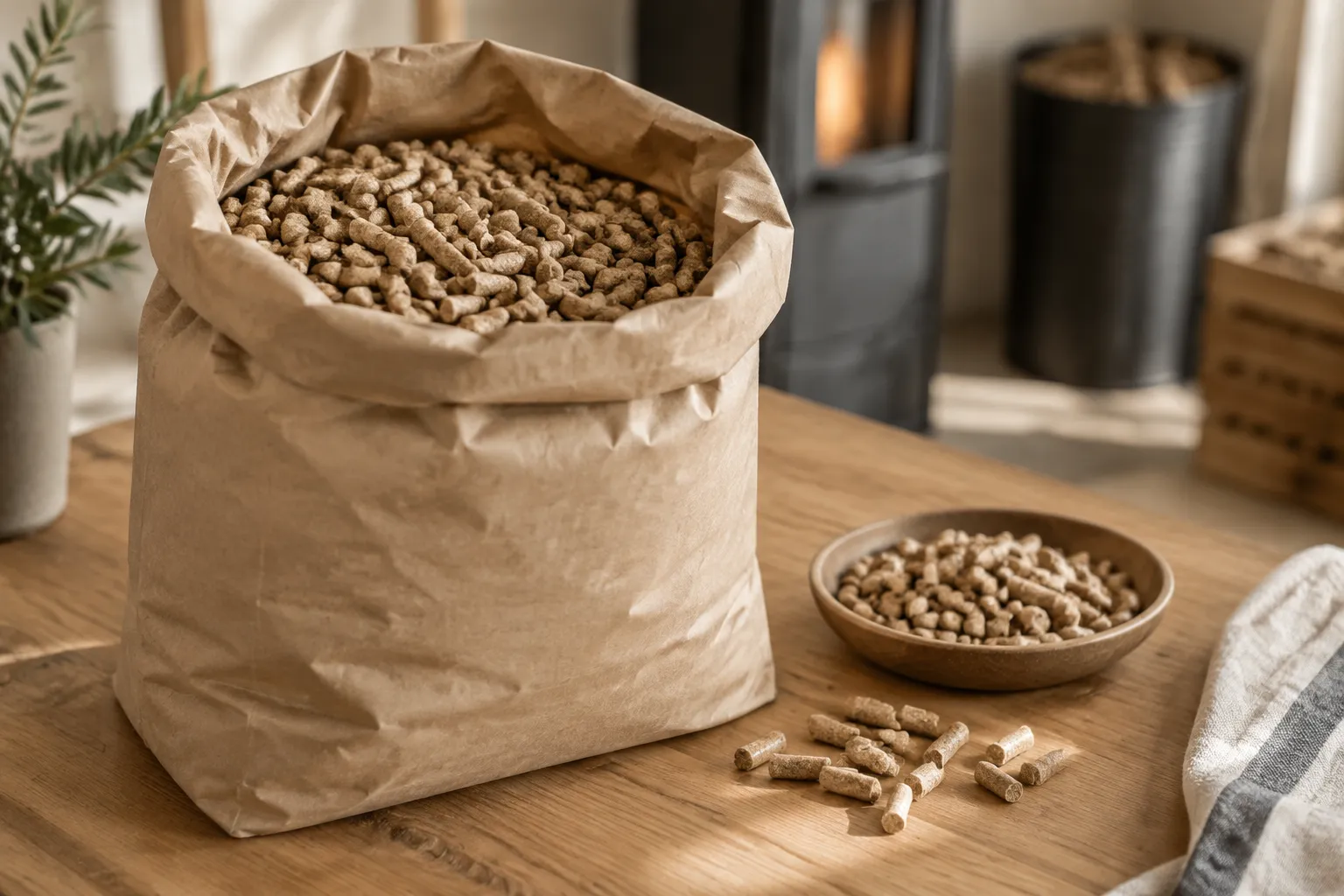 Granulés de bois dans un sac ouvert.