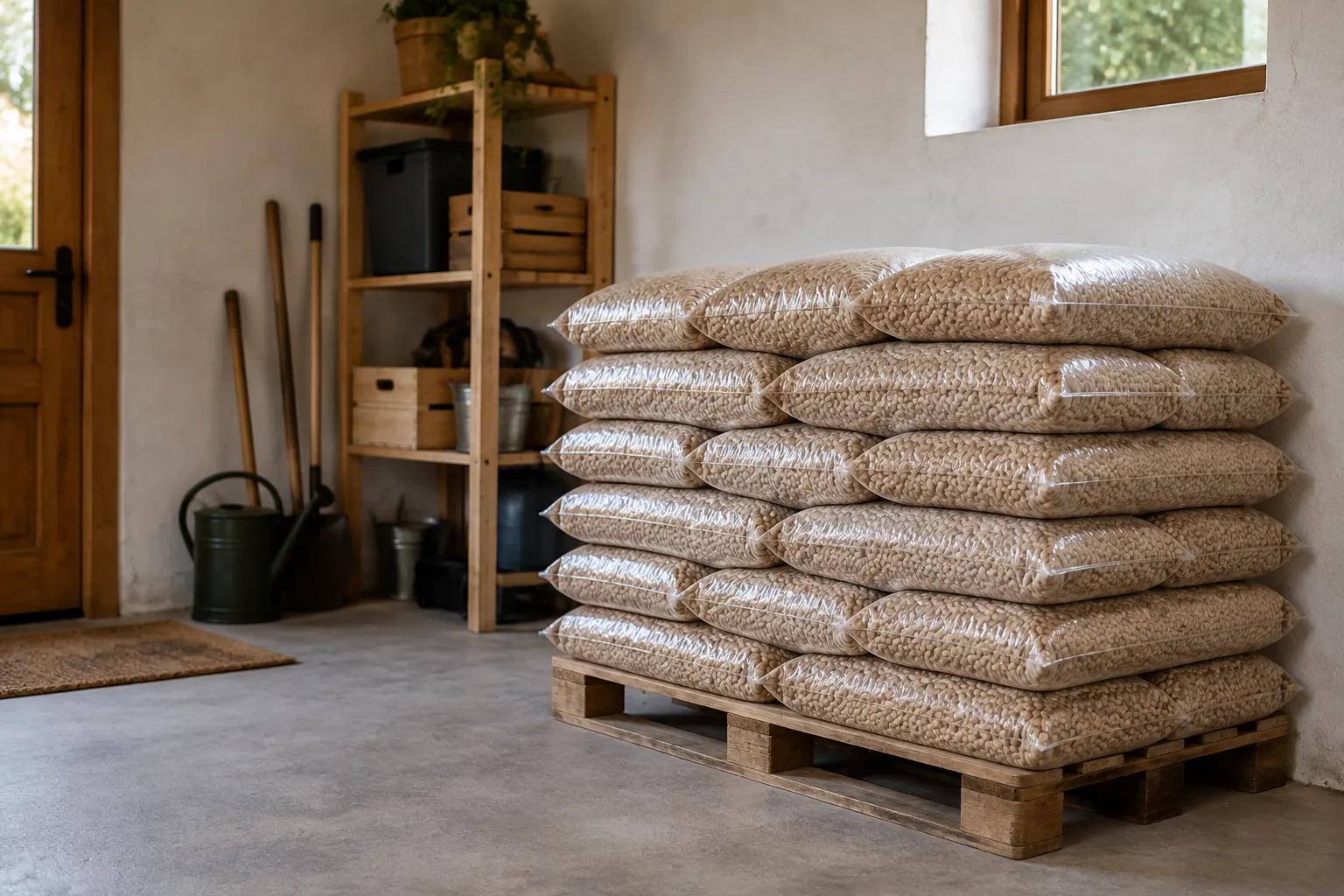 Sacs de granulés fermés sur une palette dans un local sec.