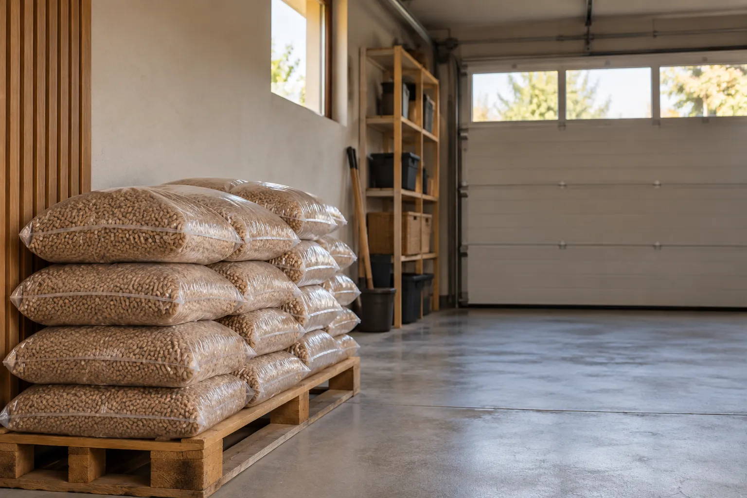 Sacs de granulés fermés sur une palette dans un garage avec un passage dégagé.